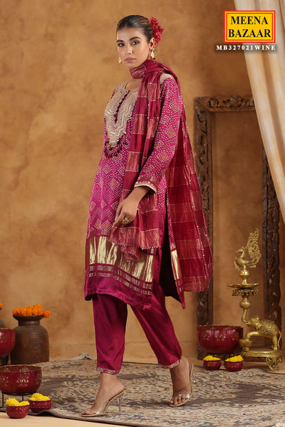 Wine Bandhani Printed Gota Zari Embroidered Crepe Suit Set