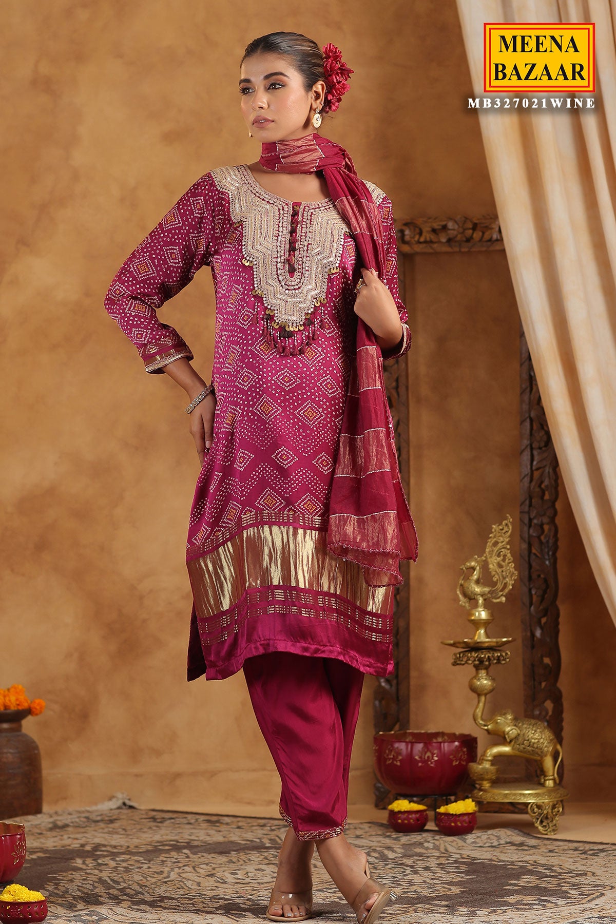 Wine Bandhani Printed Gota Zari Embroidered Crepe Suit Set