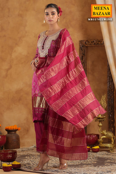 Wine Bandhani Printed Gota Zari Embroidered Crepe Suit Set