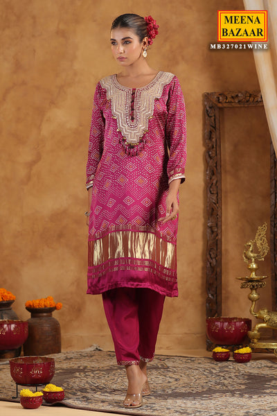 Wine Bandhani Printed Gota Zari Embroidered Crepe Suit Set