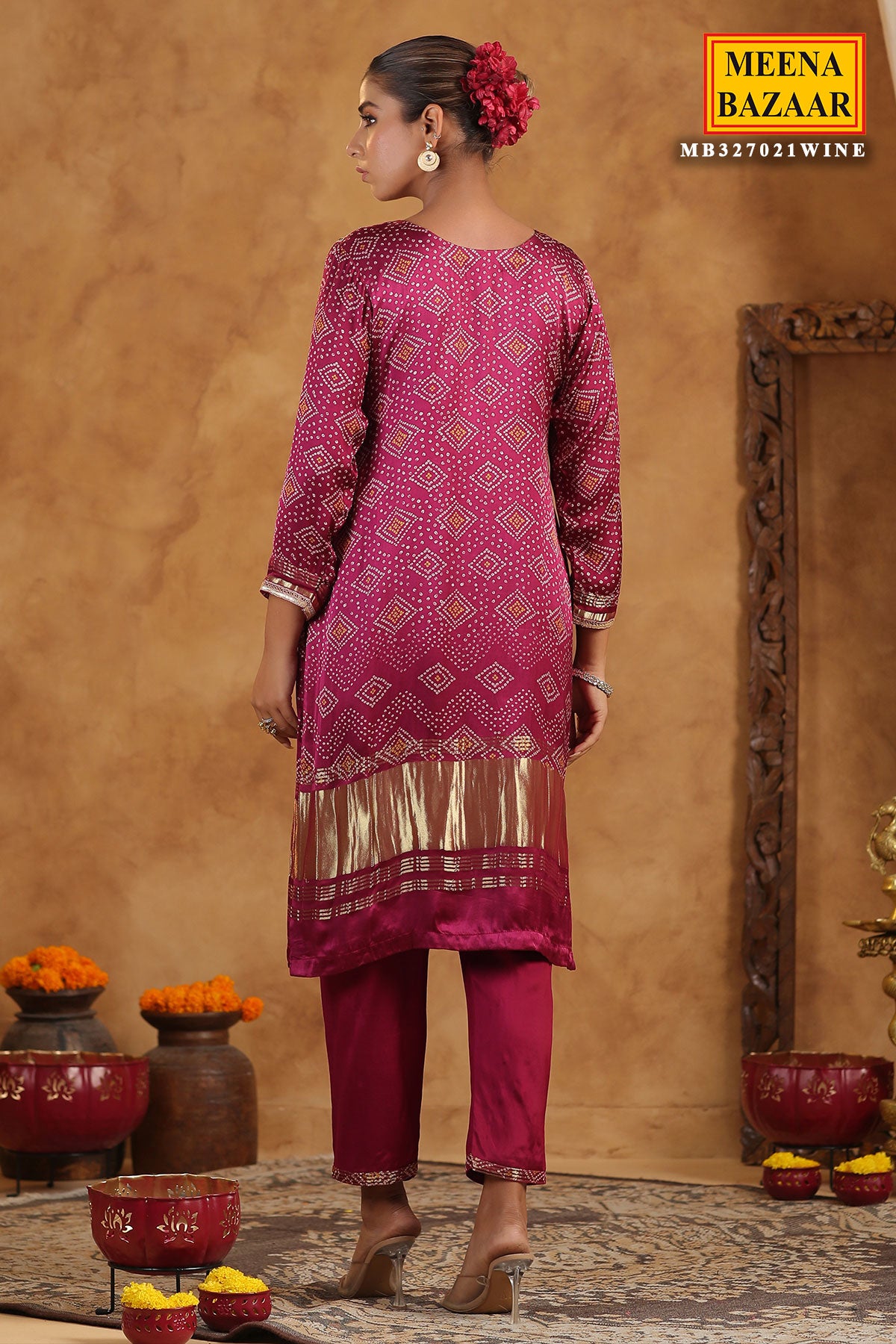 Wine Bandhani Printed Gota Zari Embroidered Crepe Suit Set