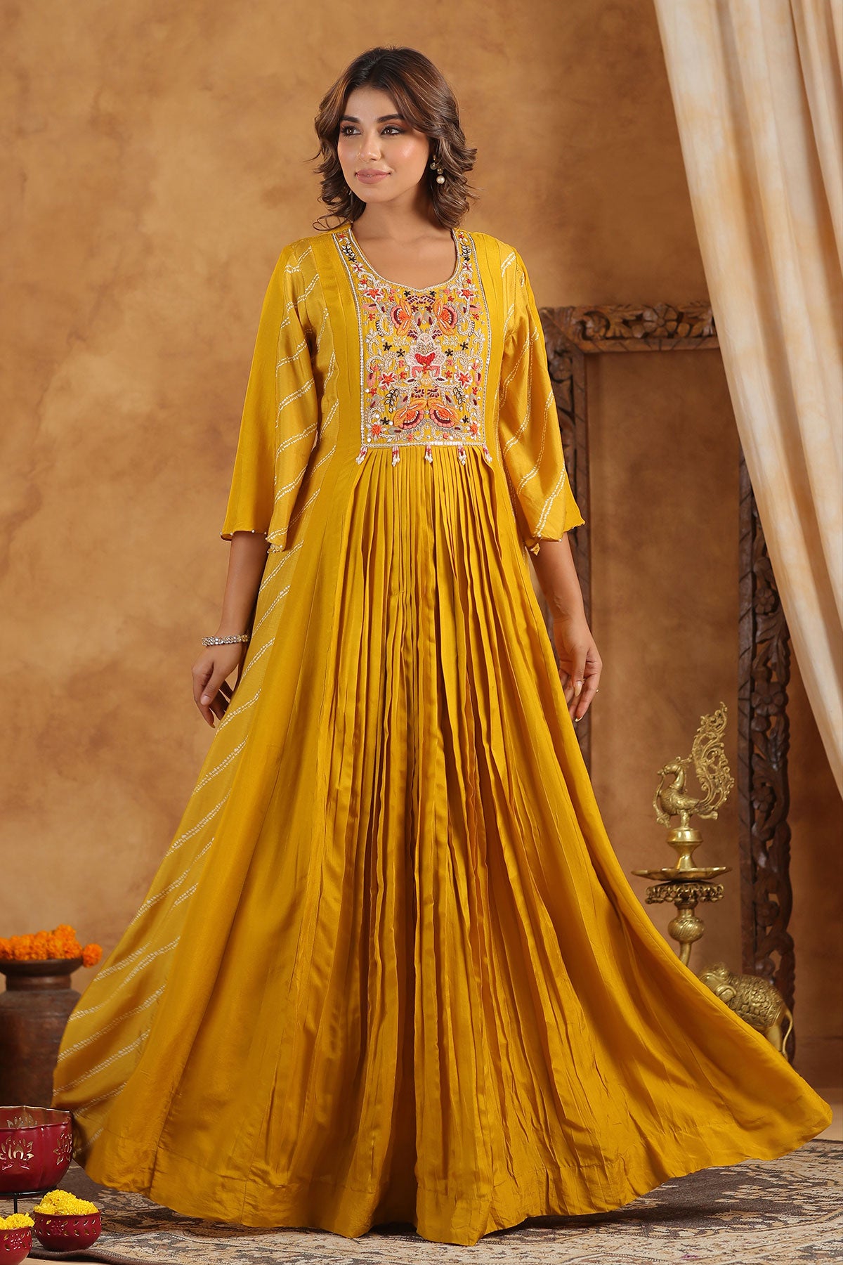 Mustard Silk Thread Sequin Embroidered Anarkali Gown