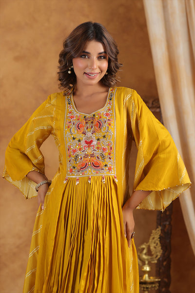 Mustard Silk Thread Sequin Embroidered Anarkali Gown