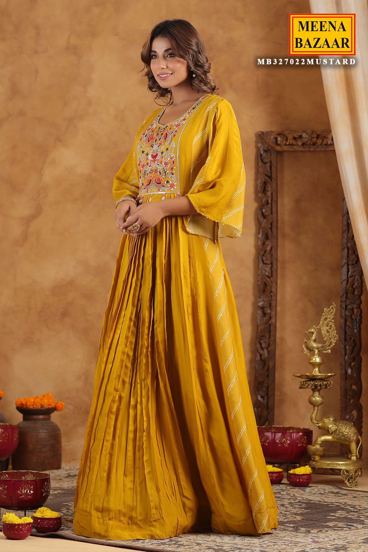 Mustard Silk Thread Sequin Embroidered Anarkali Gown