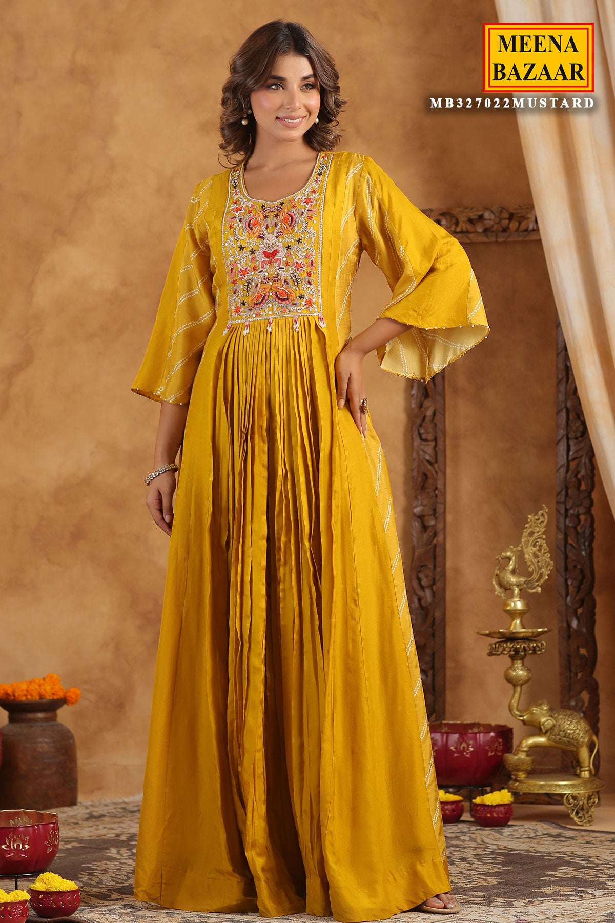 Mustard Silk Thread Sequin Embroidered Anarkali Gown