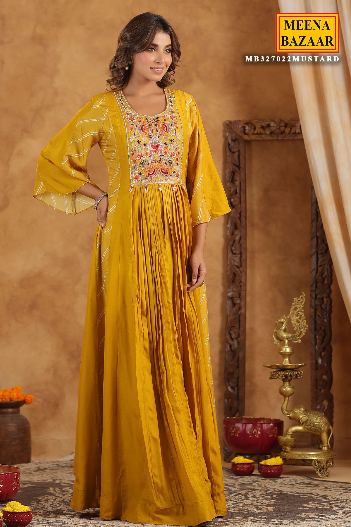 Mustard Silk Thread Sequin Embroidered Anarkali Gown