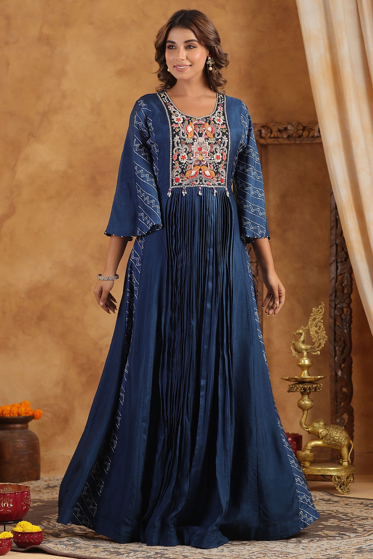 Navy Silk Thread Sequin Embroidered Anarkali Gown