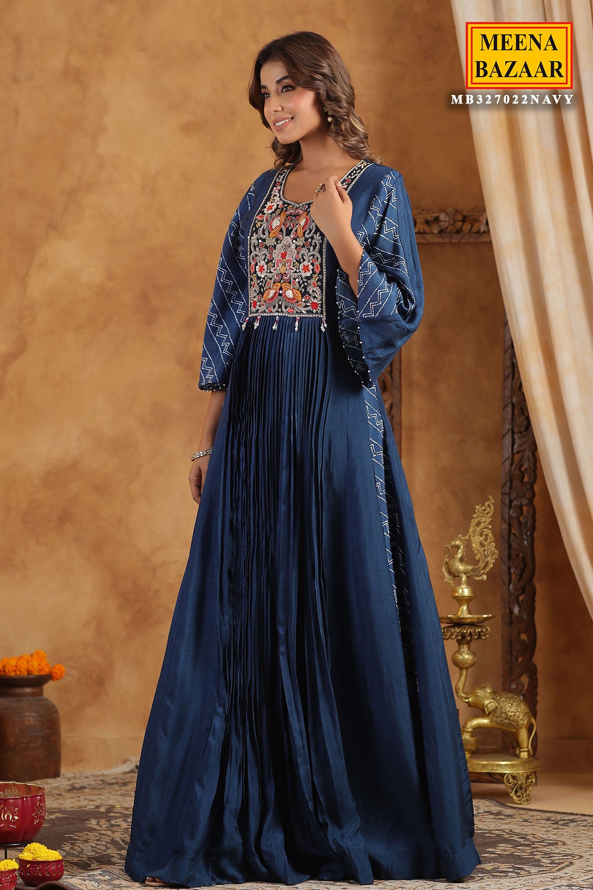 Navy Silk Thread Sequin Embroidered Anarkali Gown