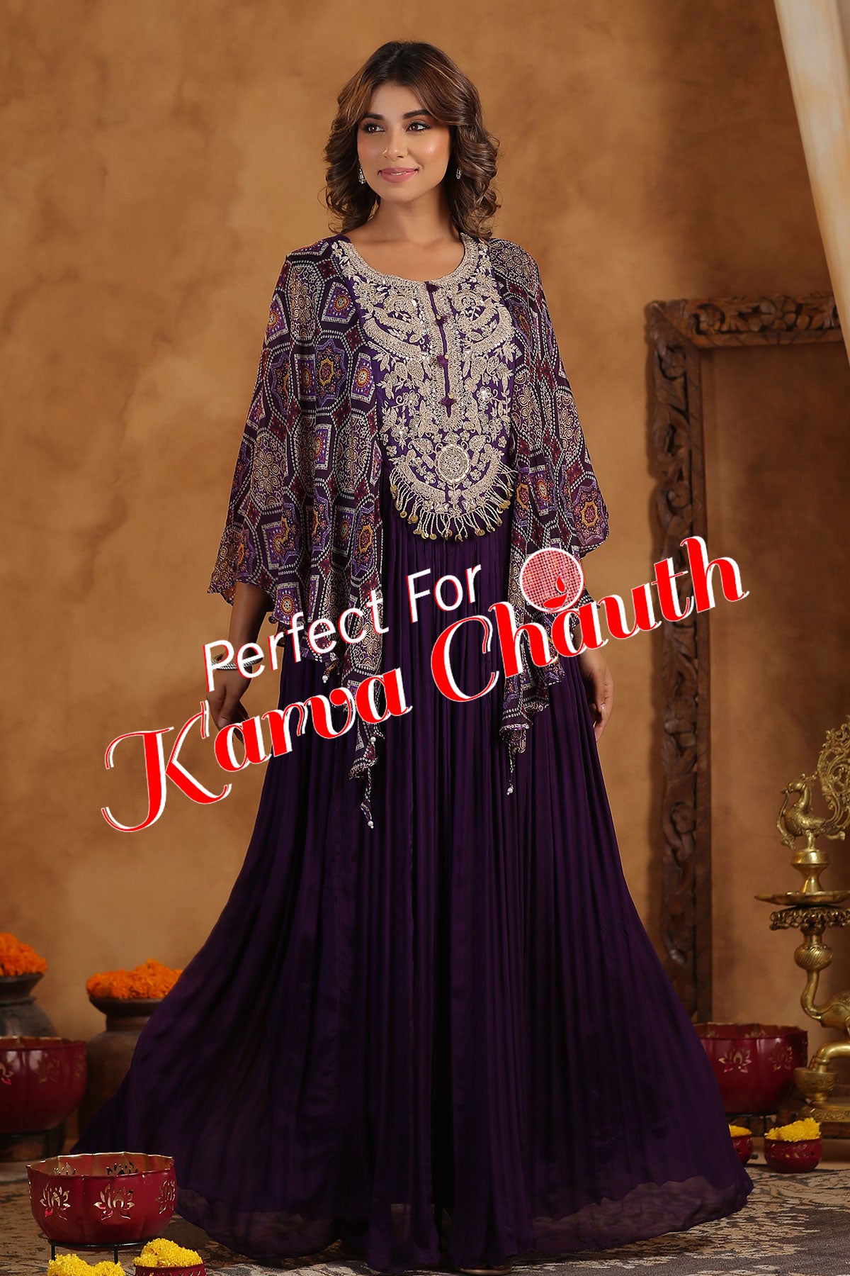 Purple Crepe Zari Sequins Embroidered Floor Length Gown