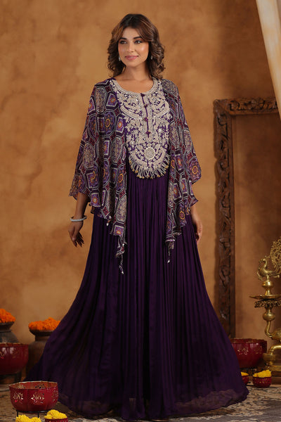 Purple Crepe Zari Sequins Embroidered Floor Length Gown