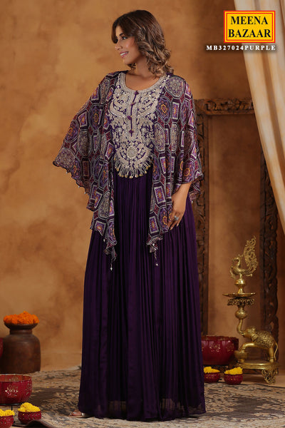 Purple Crepe Zari Sequins Embroidered Floor Length Gown