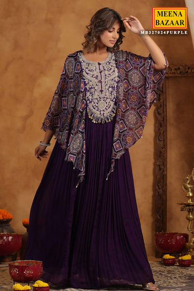 Purple Crepe Zari Sequins Embroidered Floor Length Gown