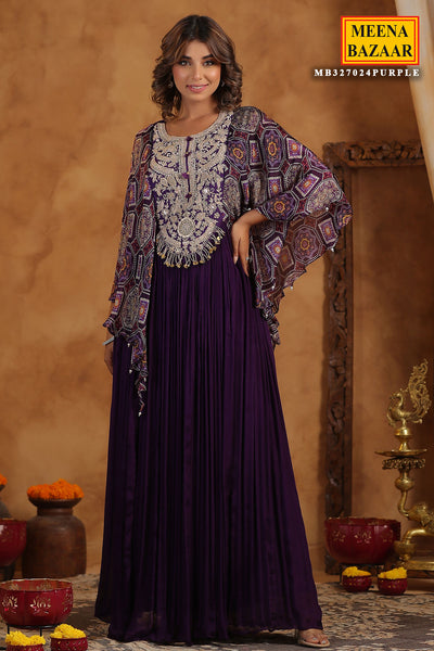 Purple Crepe Zari Sequins Embroidered Floor Length Gown