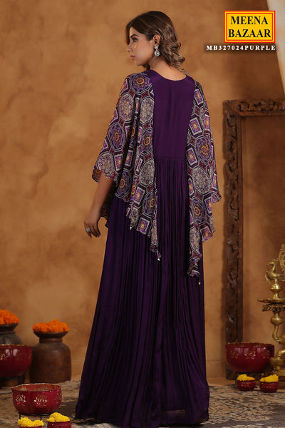 Purple Crepe Zari Sequins Embroidered Floor Length Gown