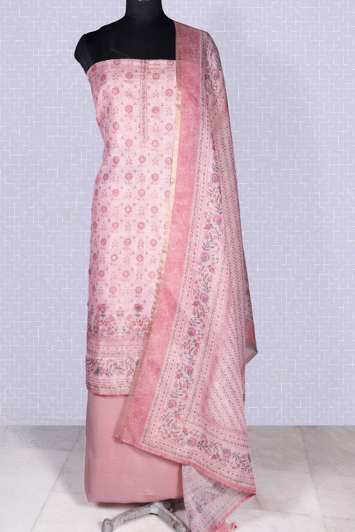 Pink Organza Floral Printed Unstitched Suit Set