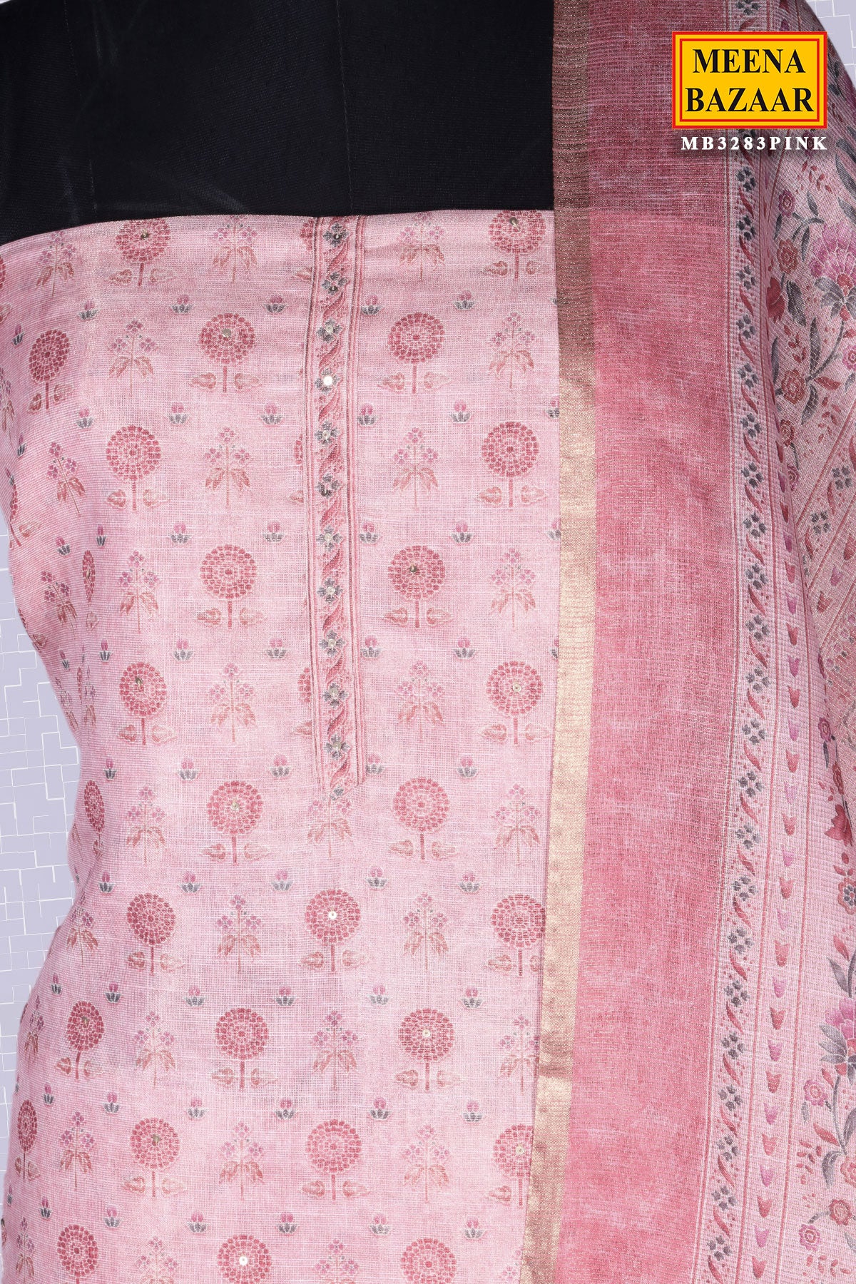 Pink Organza Floral Printed Unstitched Suit Set
