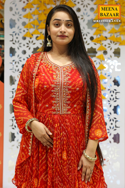 Red Orange Bandhani Printed Gharara With Jacket Set