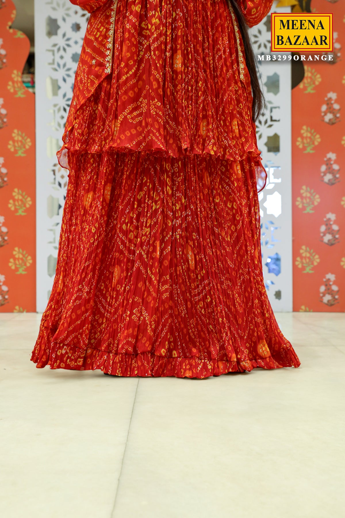 Red Orange Bandhani Printed Gharara With Jacket Set