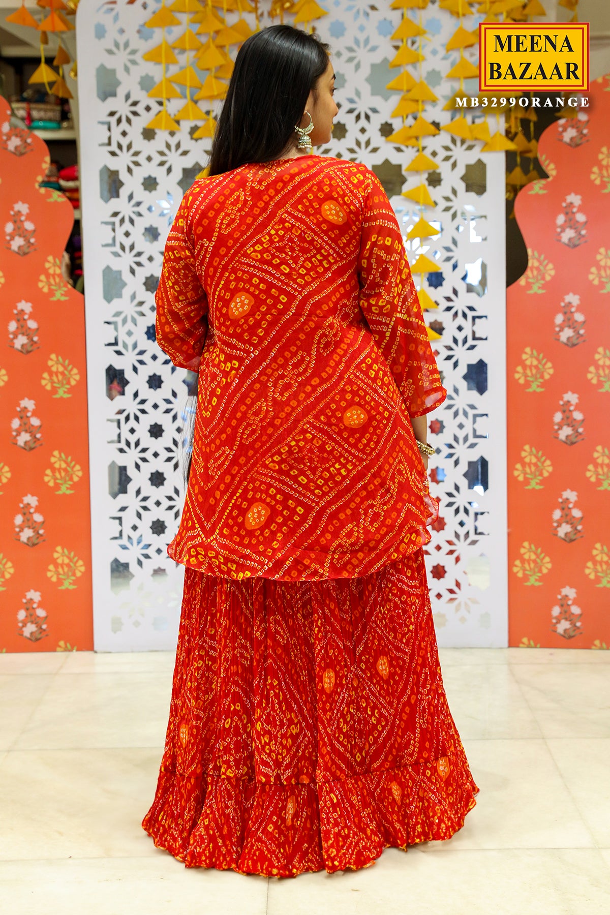 Red Orange Bandhani Printed Gharara With Jacket Set