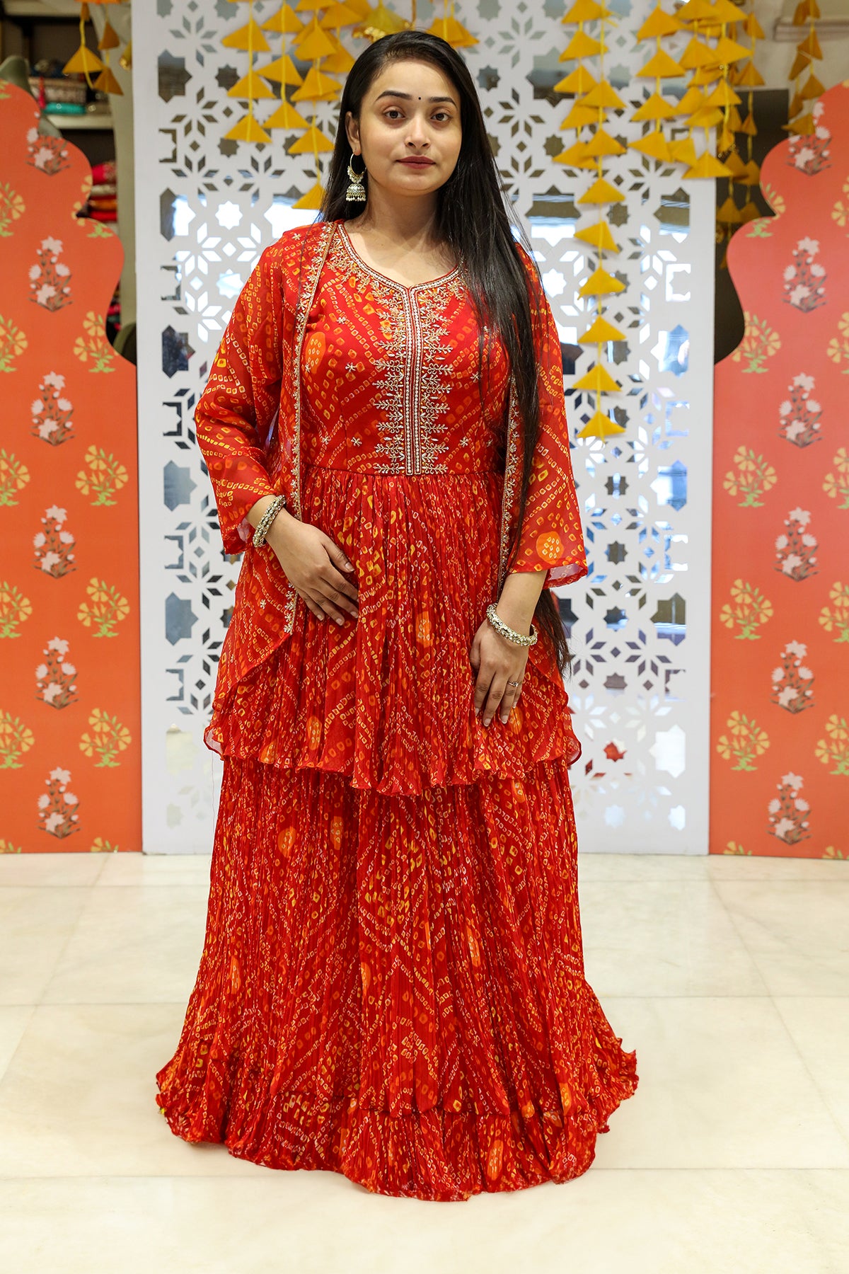 Red Orange Bandhani Printed Gharara With Jacket Set