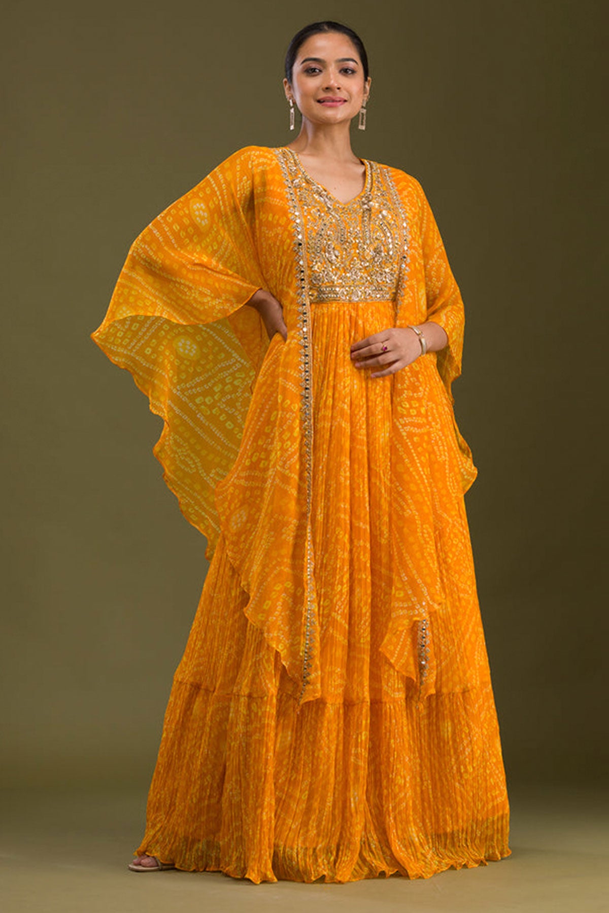 Mustard Bandhani Printed Mirror & Stonework Tiered Georgette Anarkali Kurti