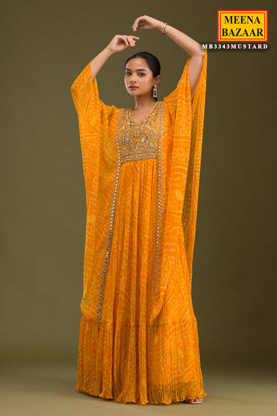 Mustard Bandhani Printed Mirror & Stonework Tiered Georgette Anarkali Kurti