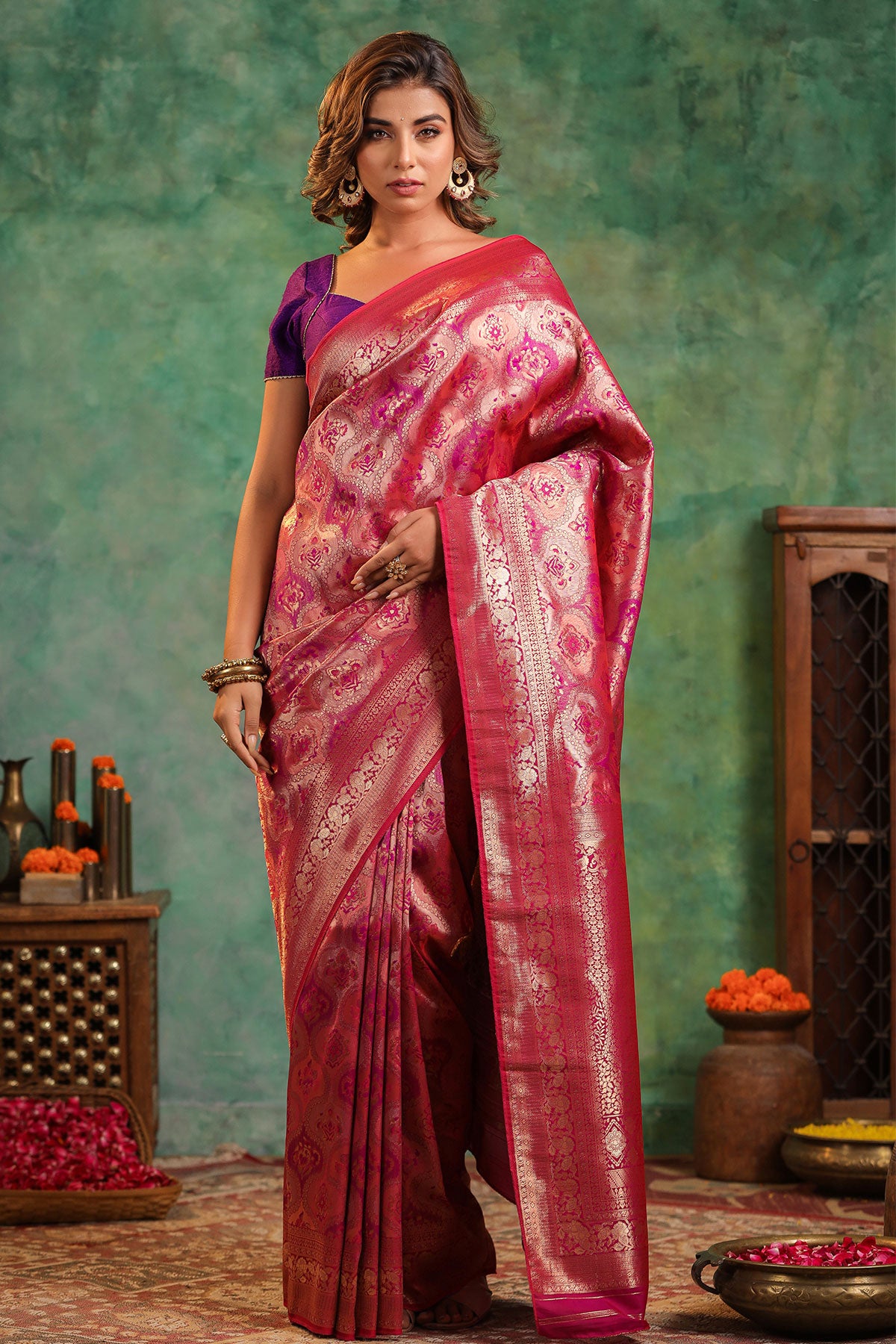 Rani Silk Floral Pattern Zari Weaving Saree