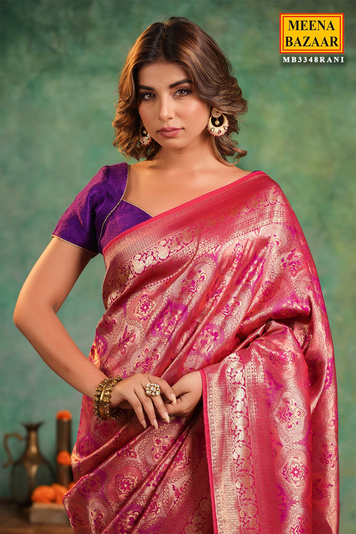 Rani Silk Floral Pattern Zari Weaving Saree