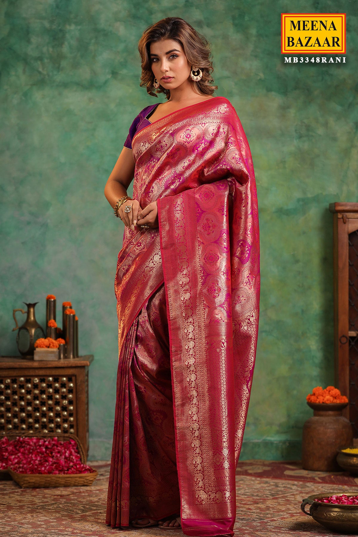 Rani Silk Floral Pattern Zari Weaving Saree