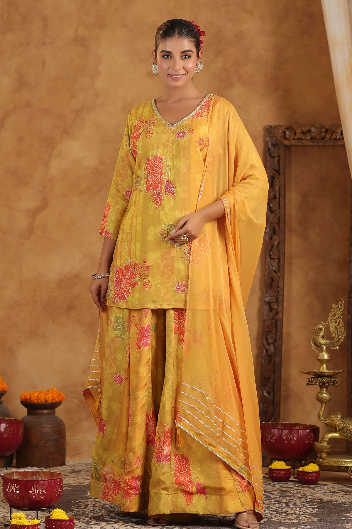 Mustard Muslin Embroidered Sequin Floral Printed Sharara Suit Set