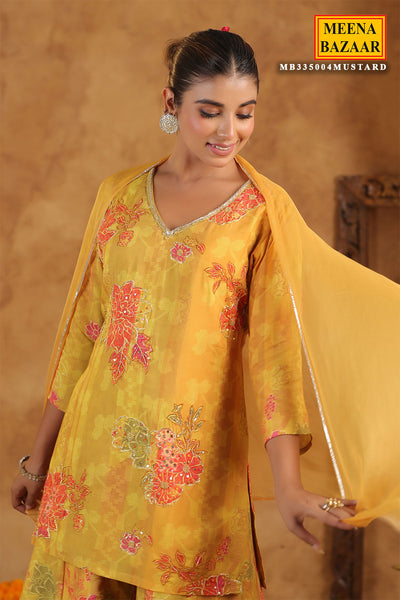 Mustard Muslin Embroidered Sequin Floral Printed Sharara Suit Set