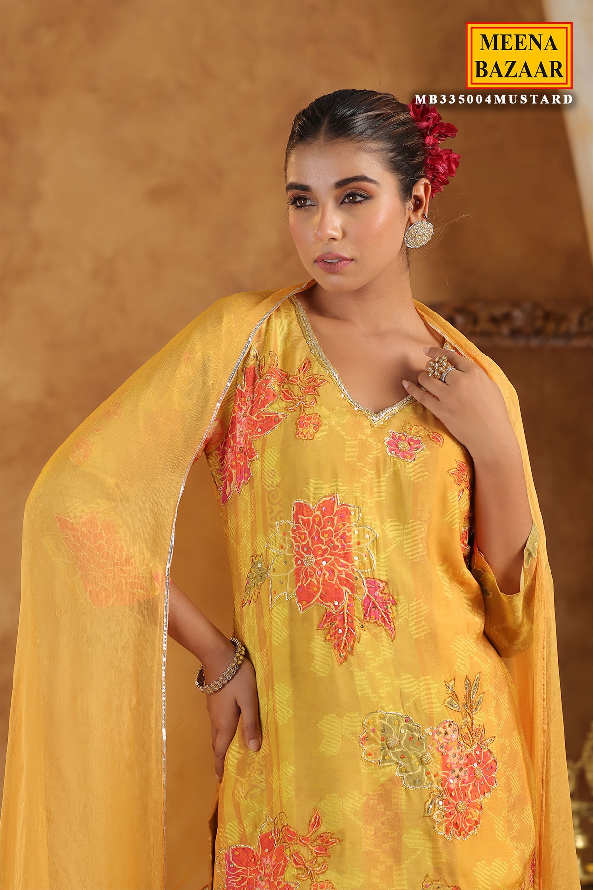 Mustard Muslin Embroidered Sequin Floral Printed Sharara Suit Set