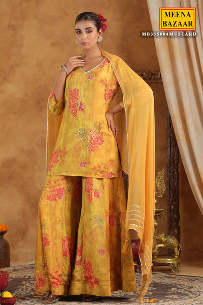 Mustard Muslin Embroidered Sequin Floral Printed Sharara Suit Set