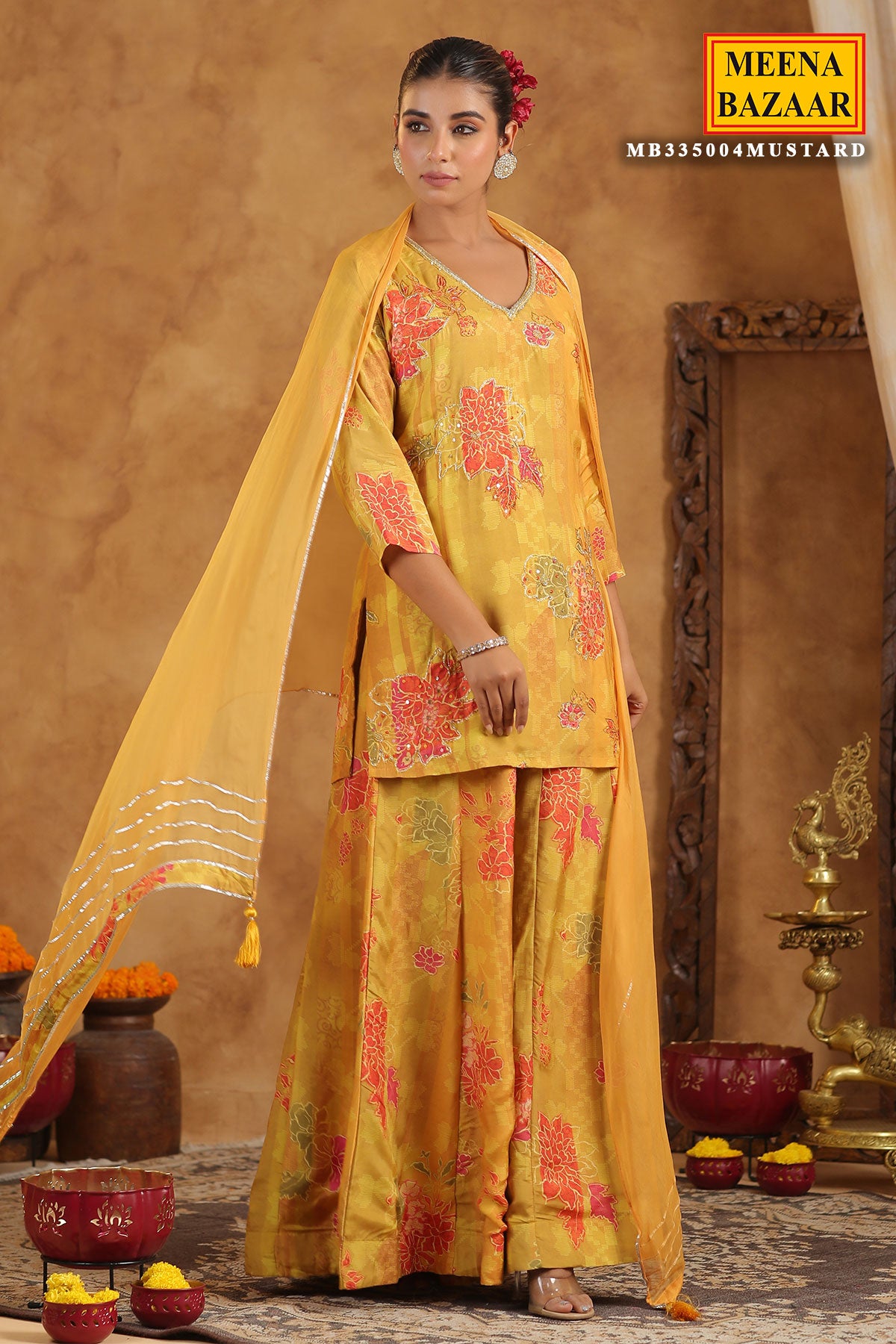 Mustard Muslin Embroidered Sequin Floral Printed Sharara Suit Set