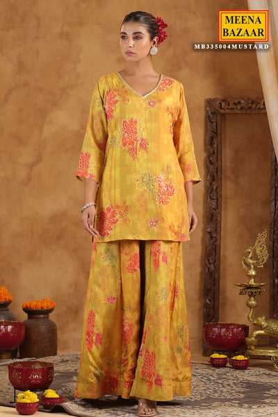 Mustard Muslin Embroidered Sequin Floral Printed Sharara Suit Set