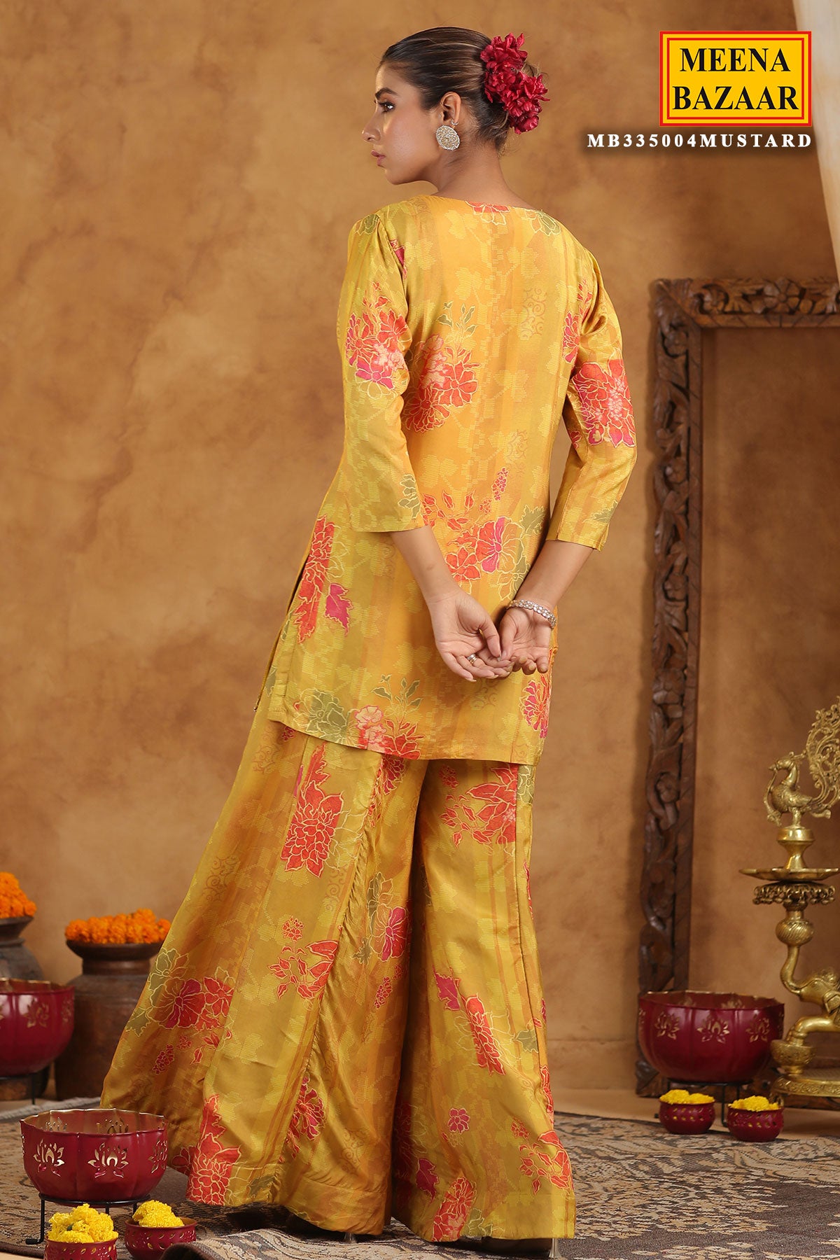 Mustard Muslin Embroidered Sequin Floral Printed Sharara Suit Set