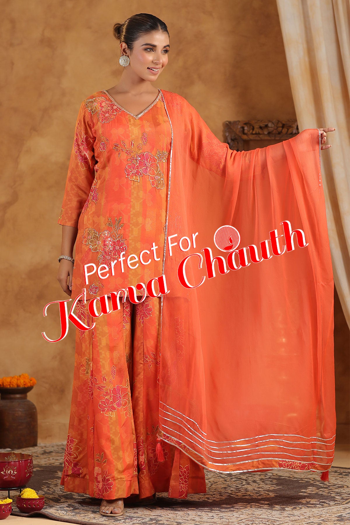 Orange Muslin Embroidered Sequin Floral Printed Sharara Suit Set