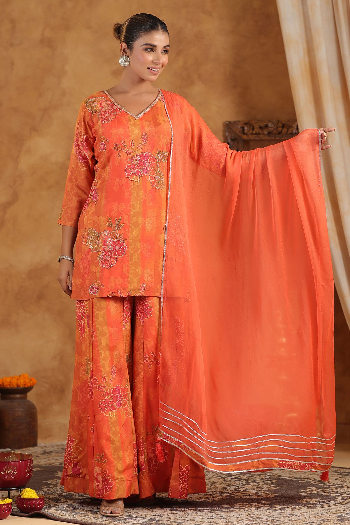 Orange Muslin Embroidered Sequin Floral Printed Sharara Suit Set