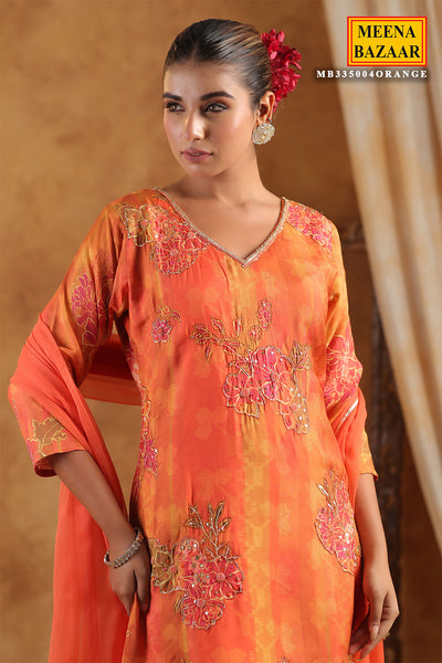 Orange Muslin Embroidered Sequin Floral Printed Sharara Suit Set