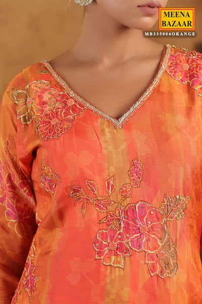 Orange Muslin Embroidered Sequin Floral Printed Sharara Suit Set