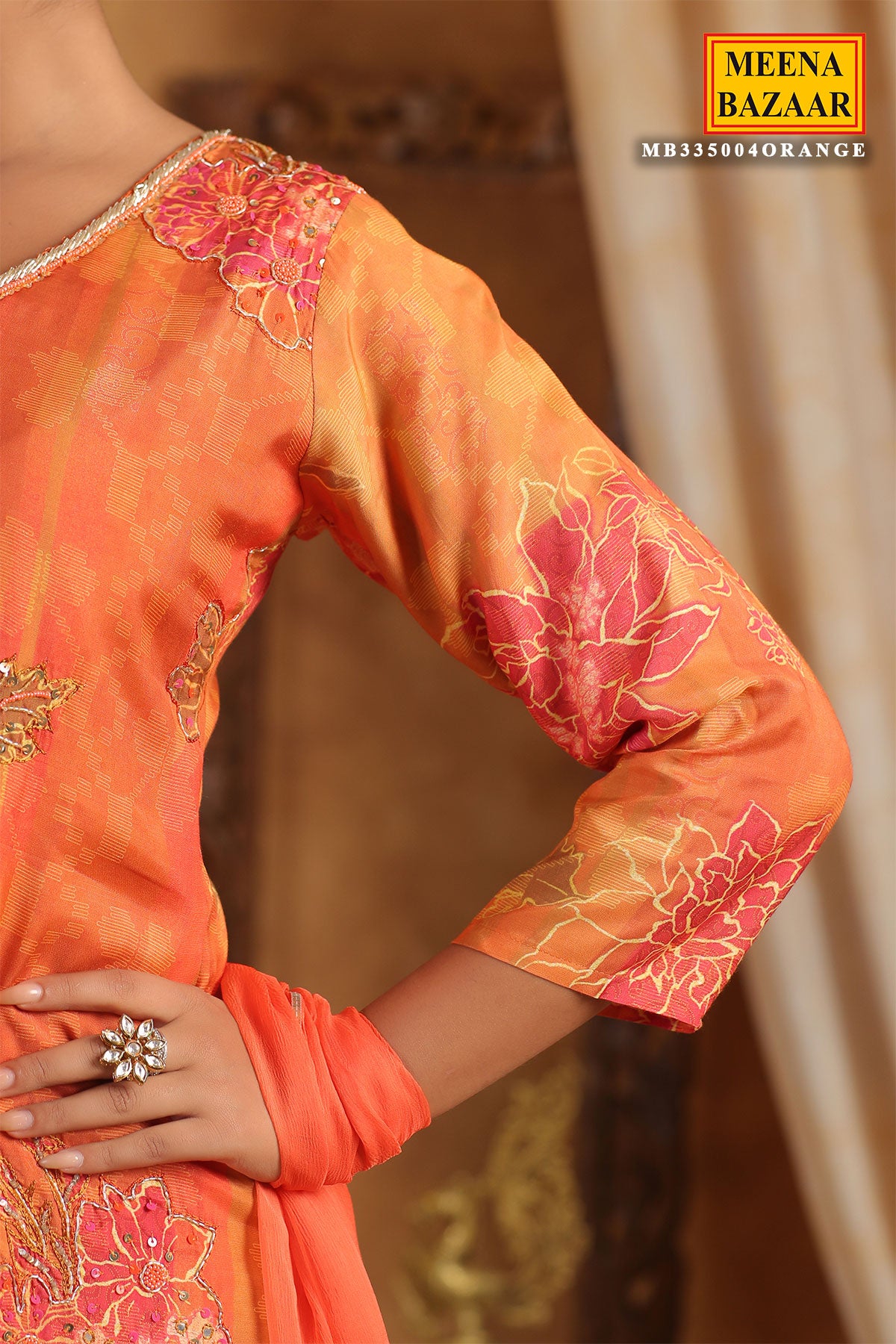 Orange Muslin Embroidered Sequin Floral Printed Sharara Suit Set