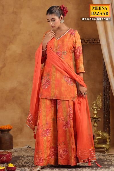 Orange Muslin Embroidered Sequin Floral Printed Sharara Suit Set