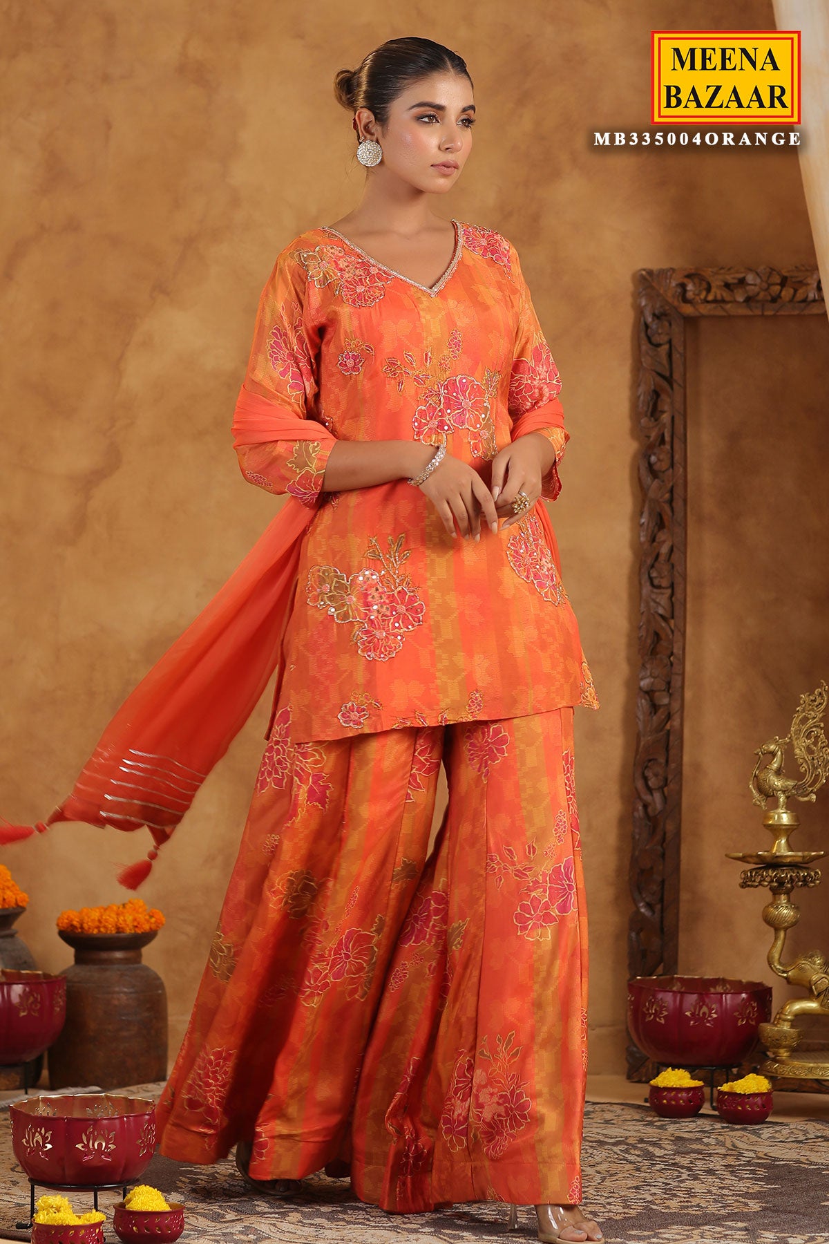 Orange Muslin Embroidered Sequin Floral Printed Sharara Suit Set