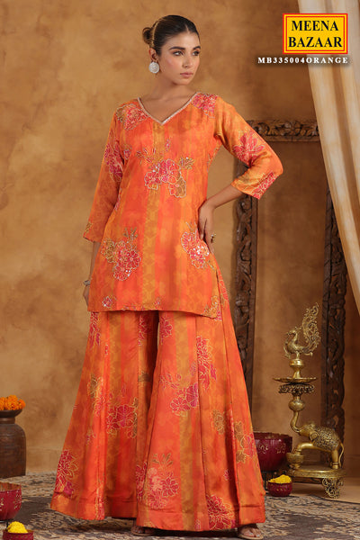 Orange Muslin Embroidered Sequin Floral Printed Sharara Suit Set