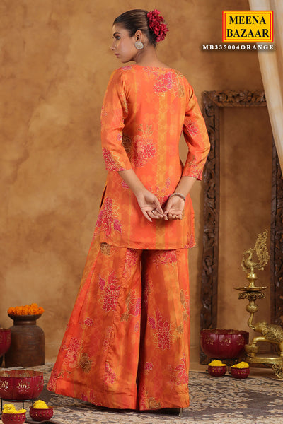 Orange Muslin Embroidered Sequin Floral Printed Sharara Suit Set