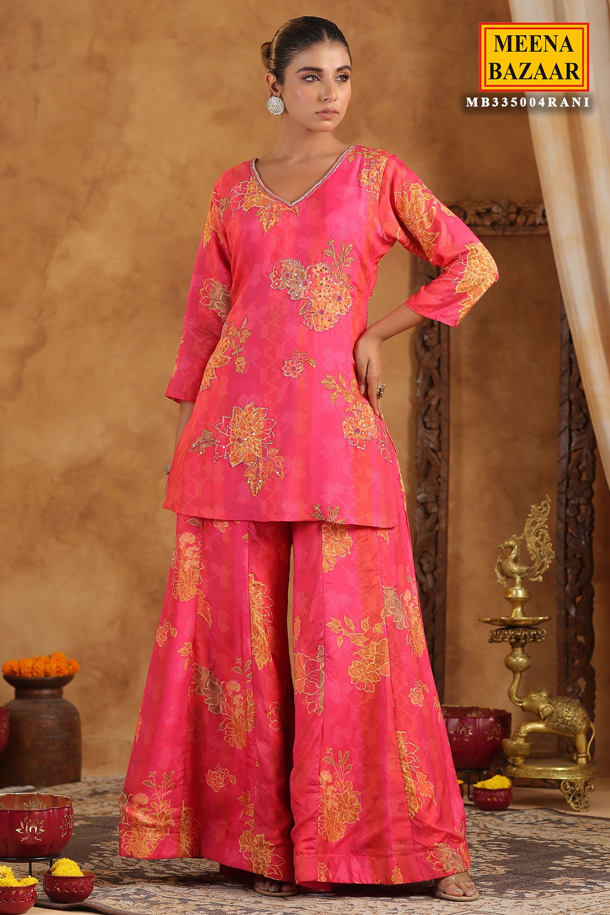 Rani Muslin Embroidered Sequin Floral Printed Sharara Suit Set