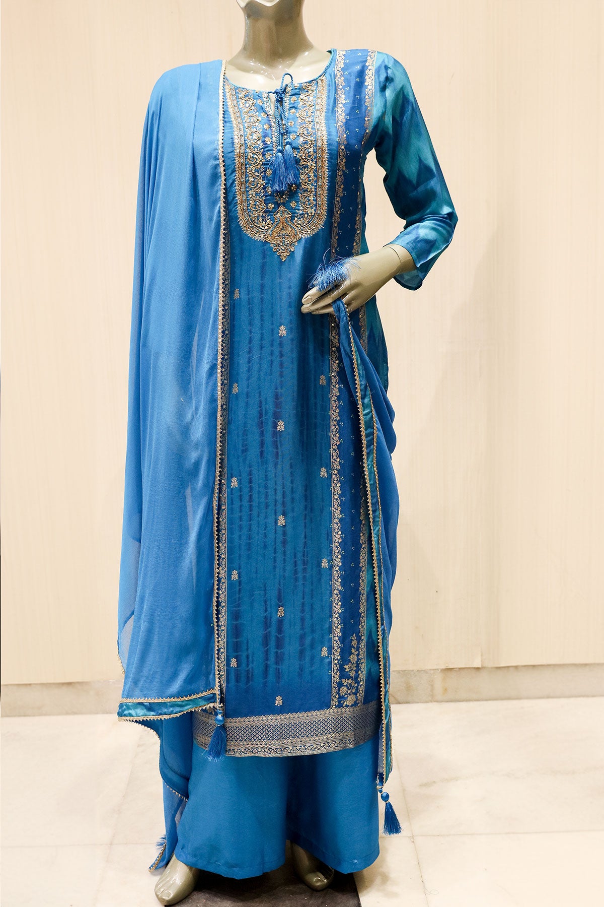 Blue Silk Sequin Zari Embroidered Suit Set