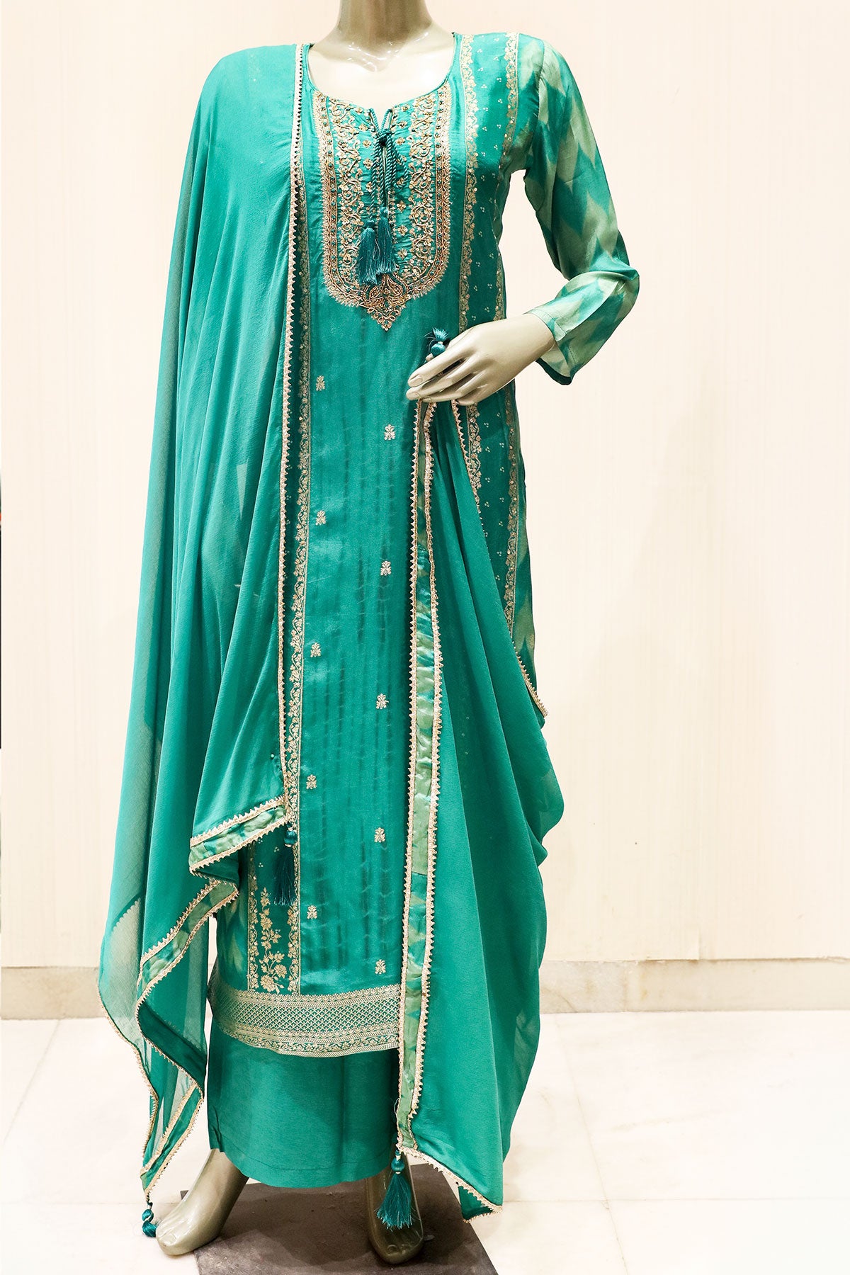 Green Silk Sequin Zari Embroidered Suit Set