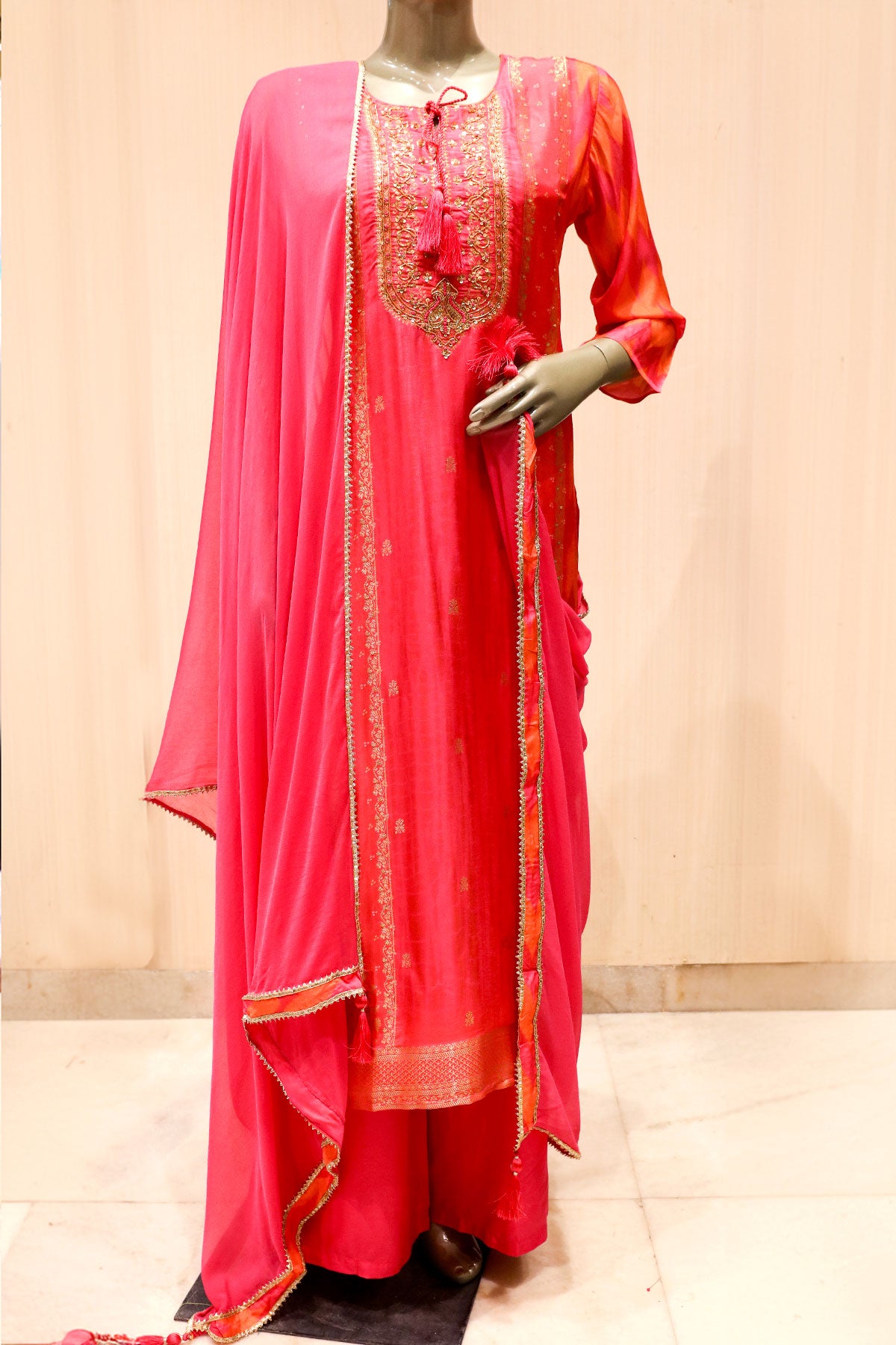 Pink Silk Sequin Zari Embroidered Suit Set