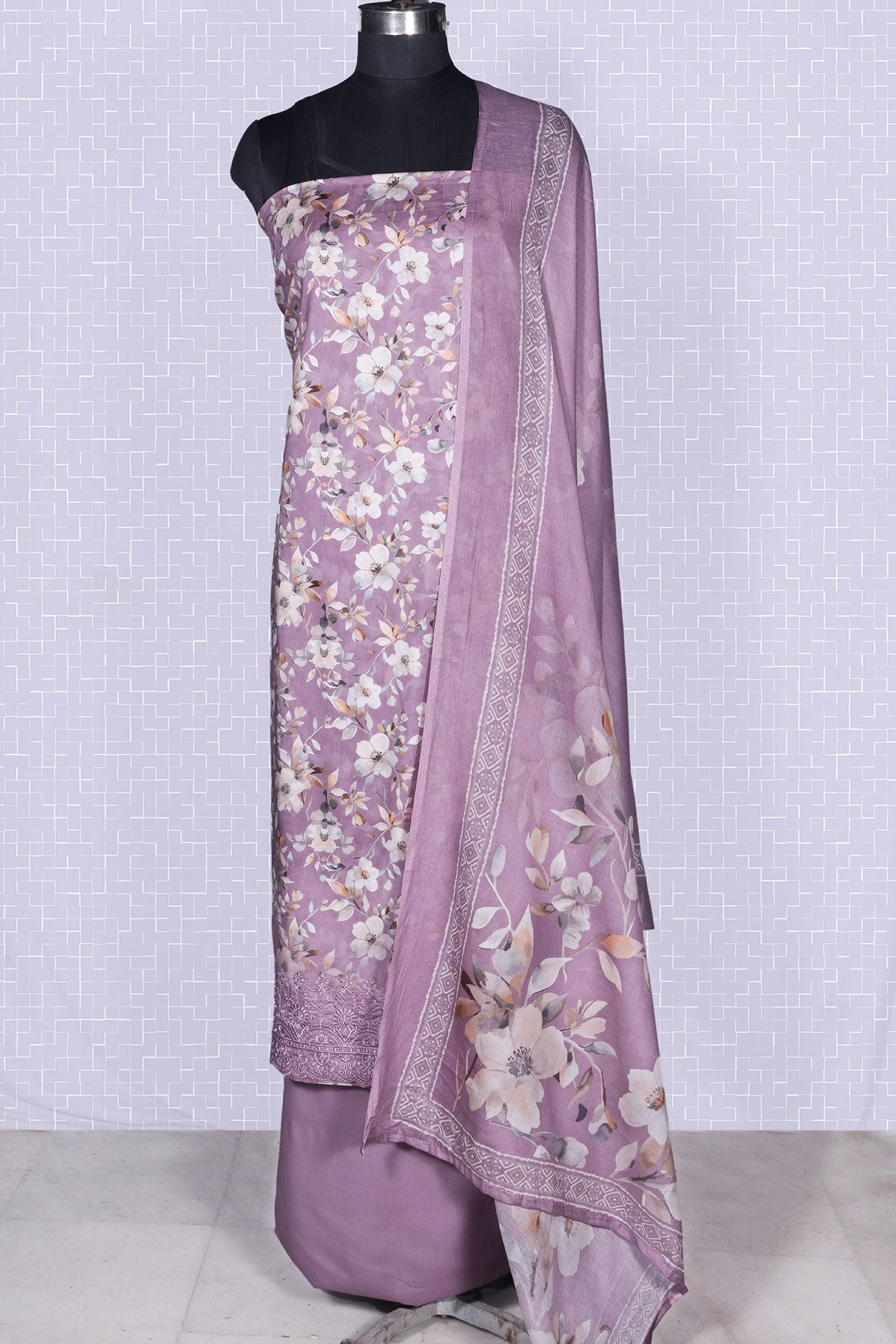 Floral Printed Mauve Muslin Unstitched Suit Set